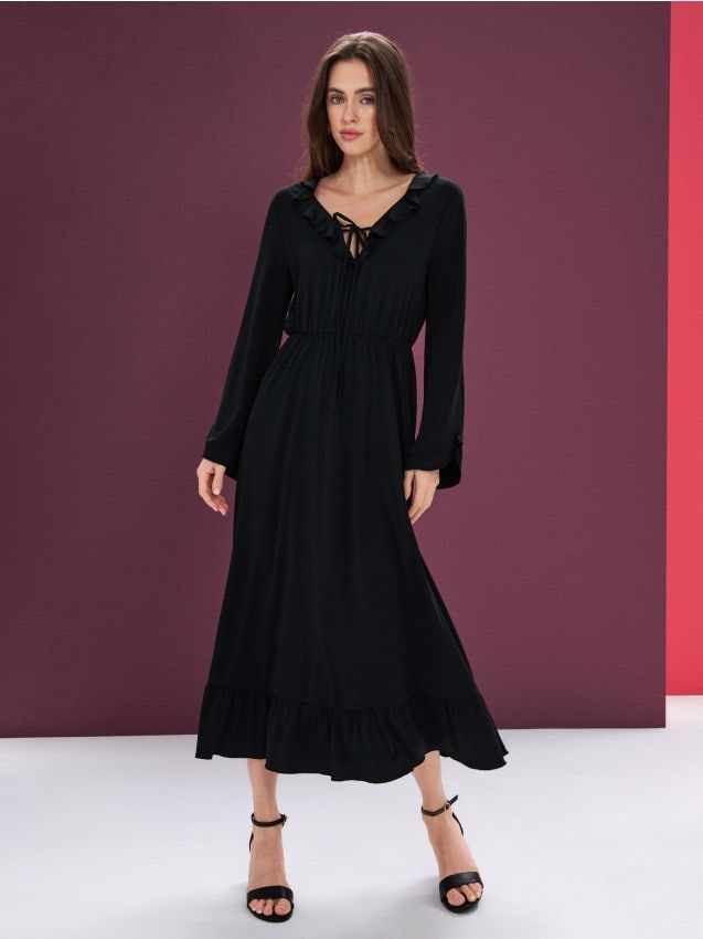 Sinsay - Rochie midi cu volane și funda la decolteu - negru