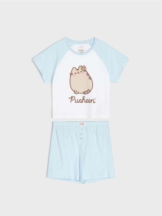 Sinsay - Pijama din bumbac în două piese cu imprimeu Pusheen the Cat - albastru-pal