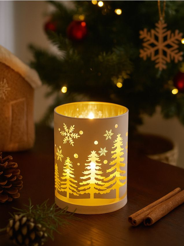 Sinsay - Sklenená lampička s motívom stromčekov a snehových vločiek - biela