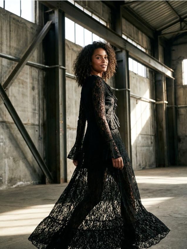 Sinsay - Rochie maxi din dantelă cu volane - negru