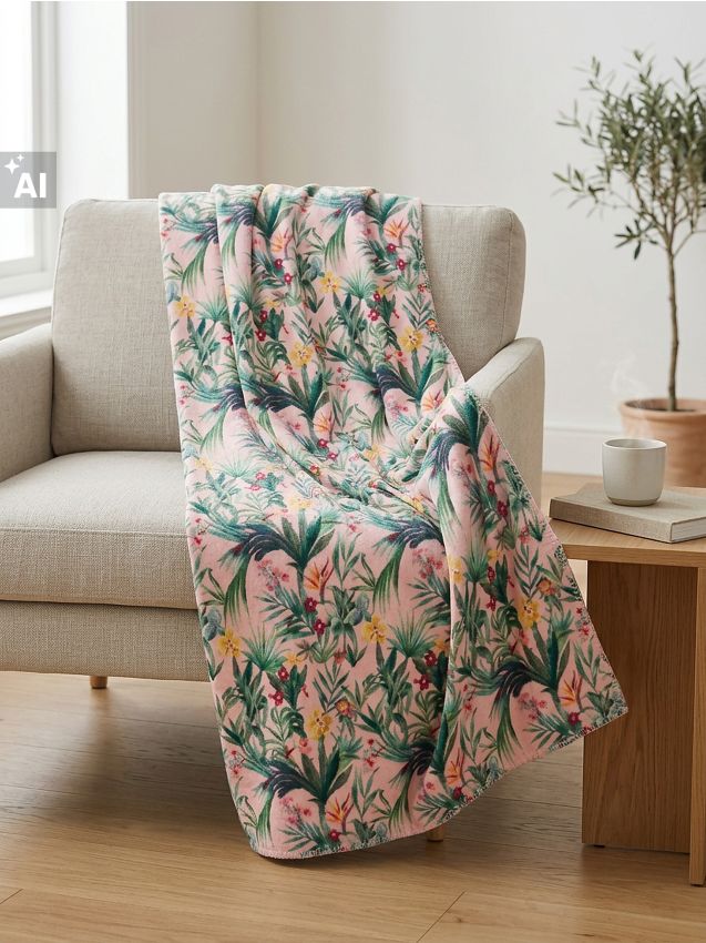 Sinsay - Pătură cu model vegetal - roz-pastel
