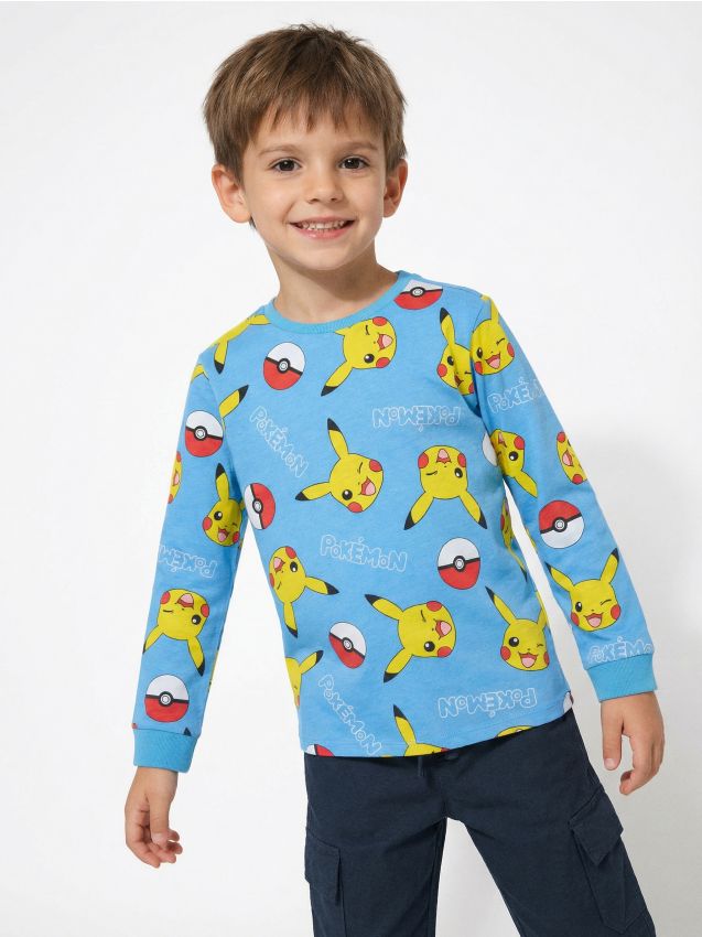 Sinsay - Tricou din bumbac cu mânecă lungă cu imprimeu Pokémon - acvamarin