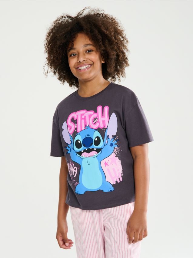 Sinsay - Tricou din bumbac cu imprimeu Lilo & Stitch - gri-închis