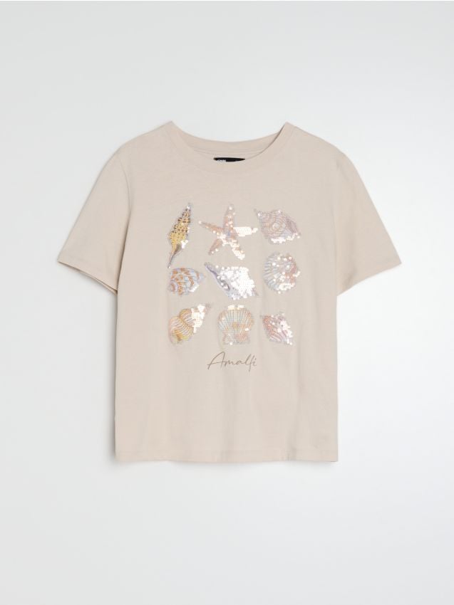 Sinsay - Bawełniana koszulka z ozdobnymi cekinami - kremowy