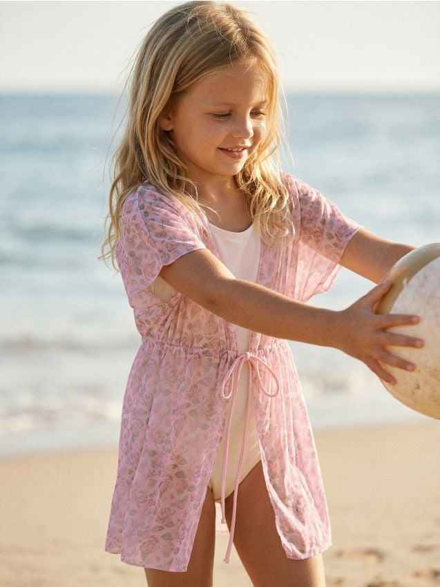 Sinsay - Poncho de plajă cu legare cu imprimeu floral - roz-pastel