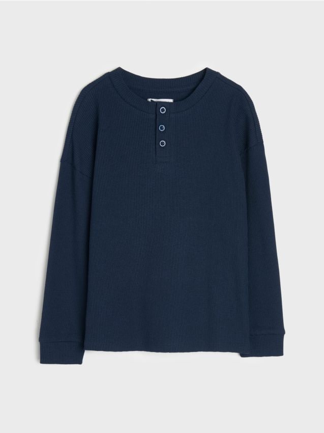 Sinsay - Tricou Henley din bumbac - bleumarin