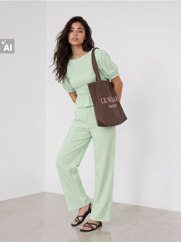 Sinsay - Set: bluză și pantaloni în carouri - verde-pal