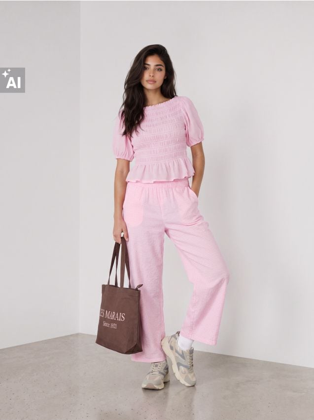 Sinsay - Set: bluză și pantaloni în carouri - roz