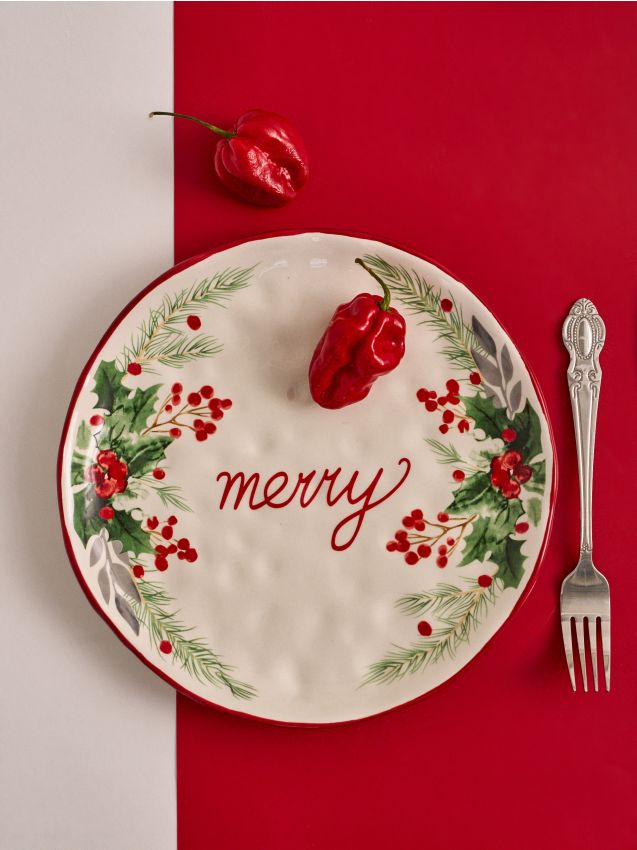 Sinsay - Vianočný keramický tanier s nápisom “Merry” - biela