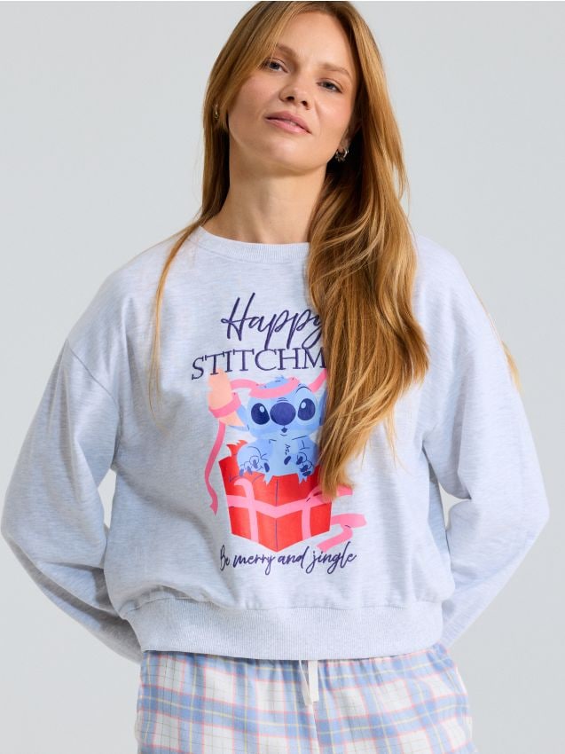 Sinsay - Pijama din două piese cu bumbac în carouri Stitch - gri deschis