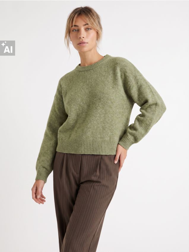 Sinsay - Pulover chunky cu linia umerilor coborâtă - verde-oliv deschis
