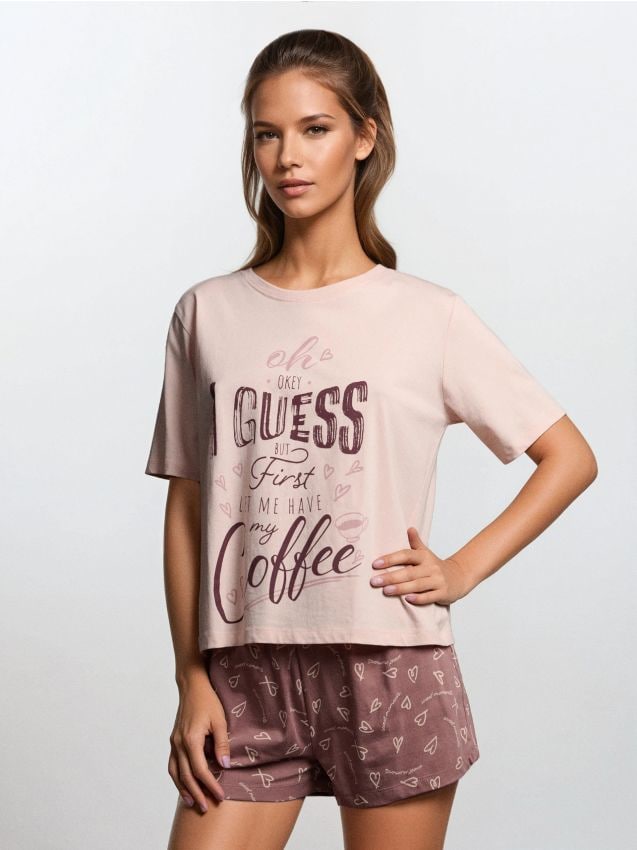 Sinsay - Pijama din bumbac în două piese cu imprimeu - roz