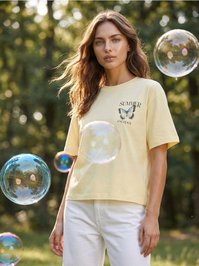 Sinsay - Bawełniana koszulka z nadrukiem motyli - żółty