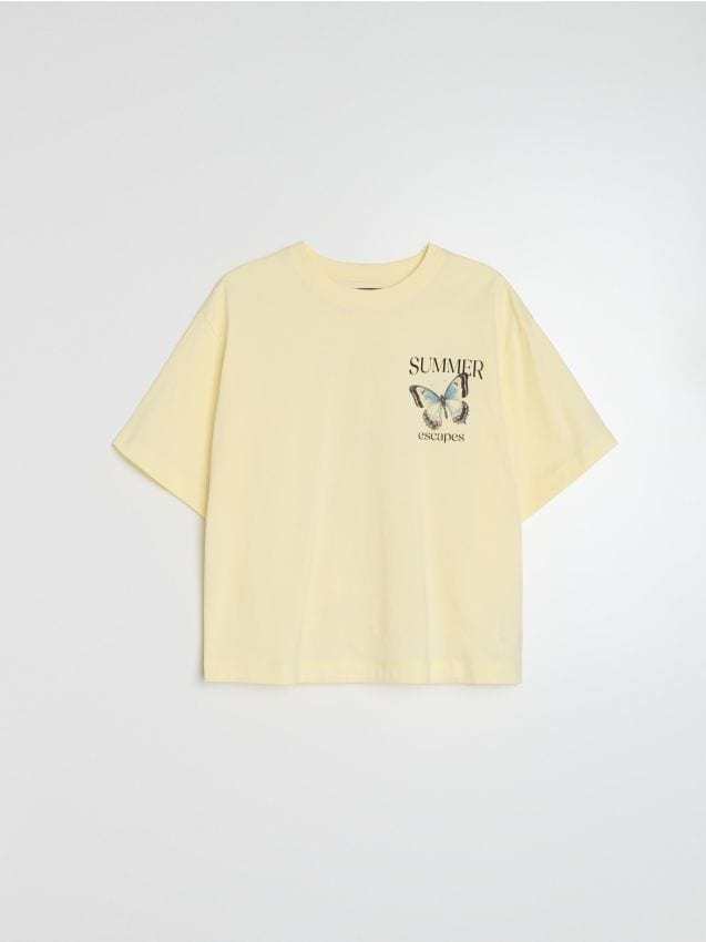 Sinsay - Bawełniana koszulka z nadrukiem motyli - żółty