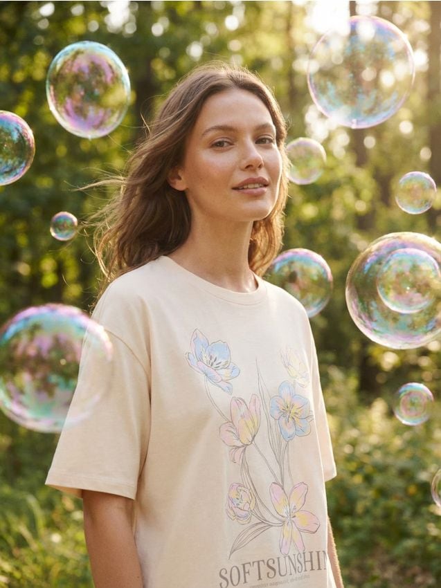 Sinsay - Tricou din bumbac cu imprimeu floral - galben-pal