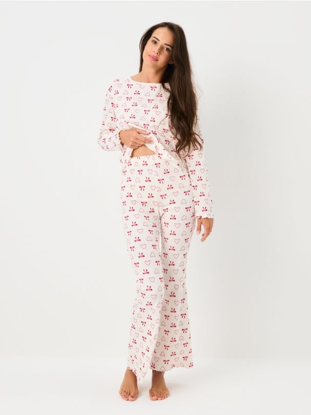 Sinsay - Rebrované dvojdielne pyžamo - krémová