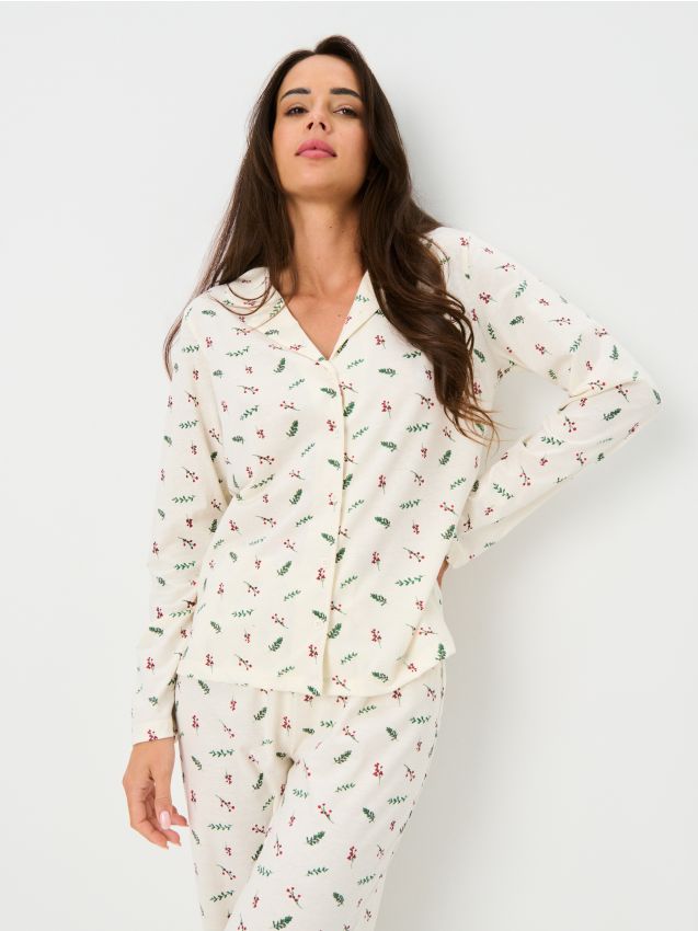 Sinsay - Świąteczna piżama dwuczęściowa z wzorem ostrokrzewu - kremowy