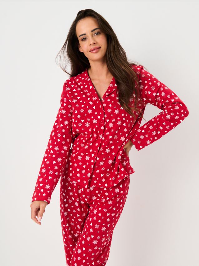 Sinsay - Świąteczna piżama dwuczęściowa z nadrukiem serc i śnieżynek - czerwony