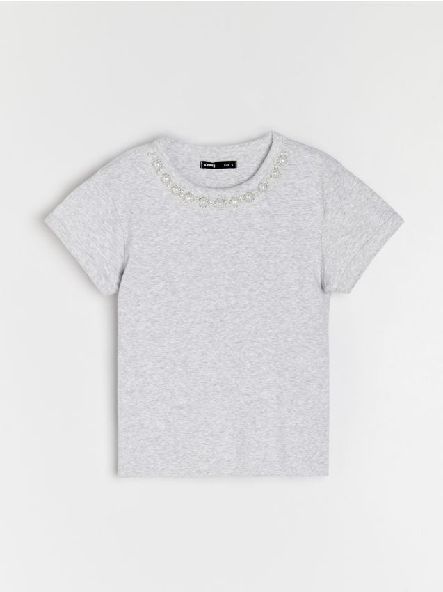 Sinsay - Tricou uni din bumbac cu mânecă scurtă - gri deschis