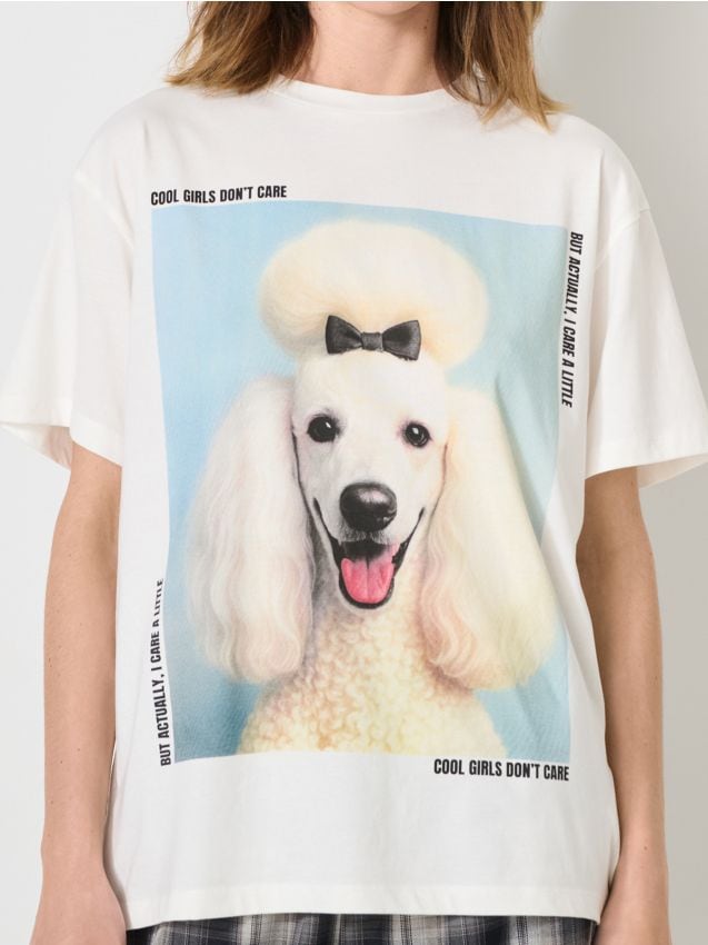 Sinsay - Bavlnené oversize tričko s potlačou - krémová