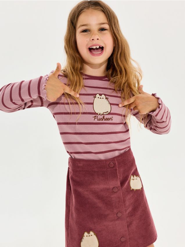 Sinsay - Tricou din bumbac cu mânecă lungă, în dungi, cu broderie Pusheen the Cat - mov
