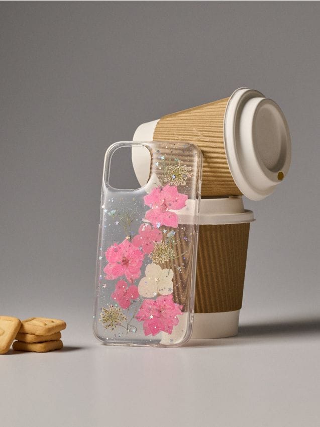 Sinsay - Husă transparentă pentru iPhone 13/14 cu flori roz uscate și particule de sclipici - multicolor