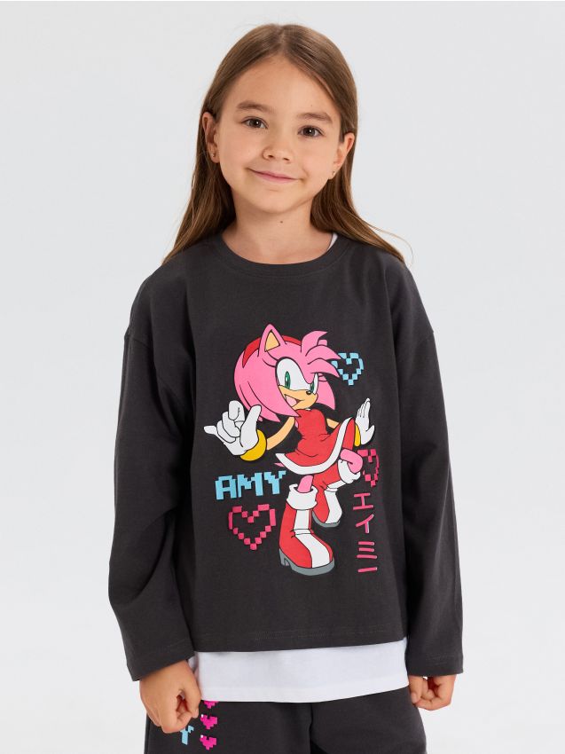 Sinsay - Tricou din bumbac, cu mânecă lungă Sonic the Hedgehog - gri-închis