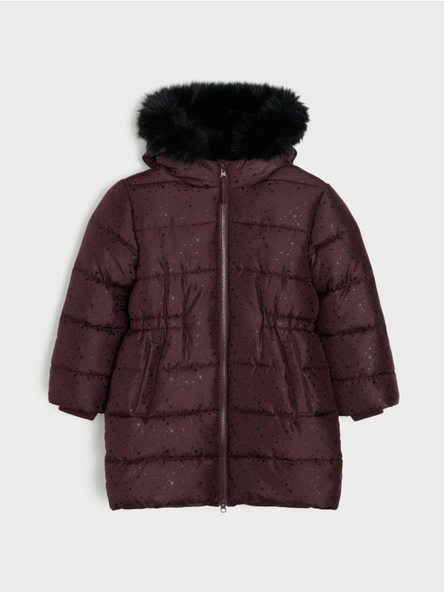 Sinsay - Geacă puffer lungă cu glugă finisată cu blană - roz-fuchsia