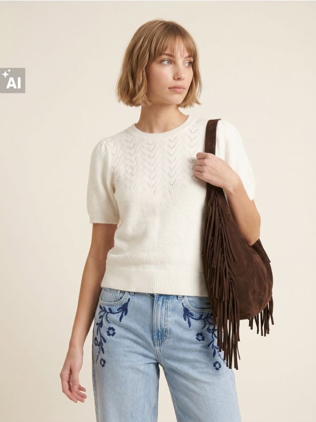 Sinsay - Bluză cu amestec de lână și model ajurat - crem