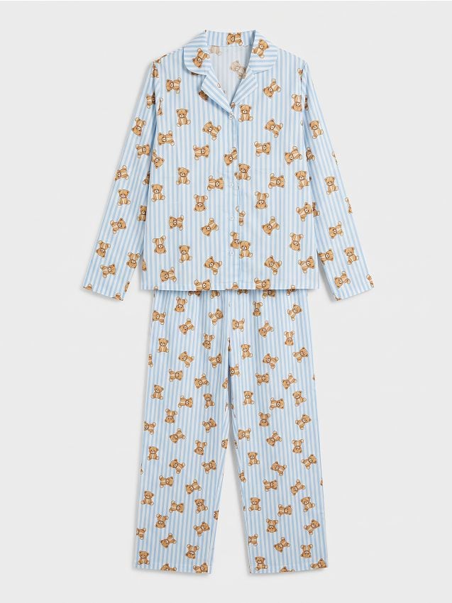 Sinsay - Pijama tip cămașă din bumbac în dungi cu ursuleți - albastru-pal