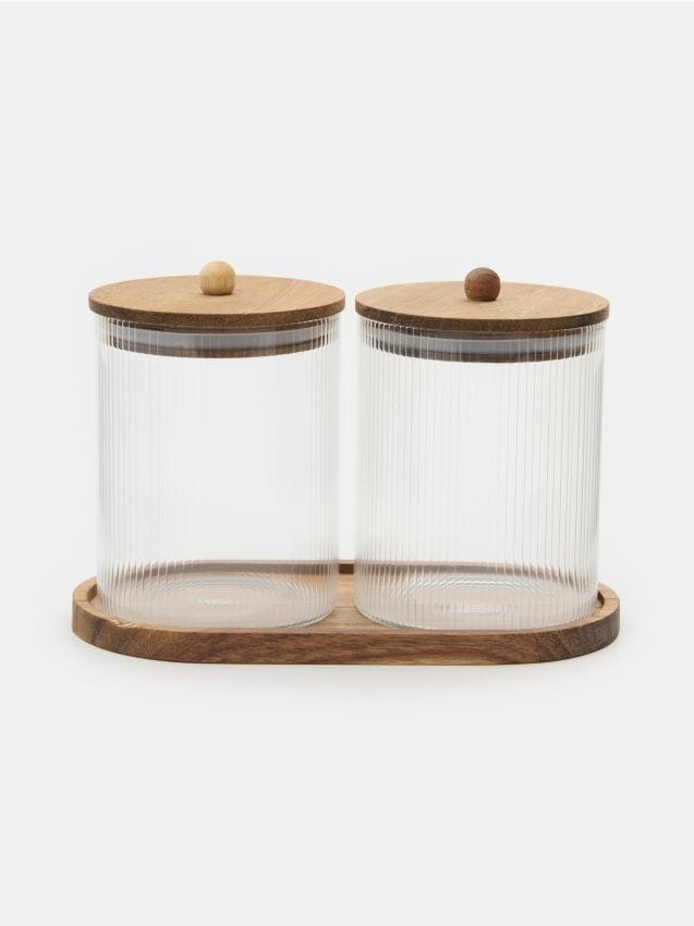 Sinsay - Recipiente pentru alimente cu capac, pe tavă de lemn - clear