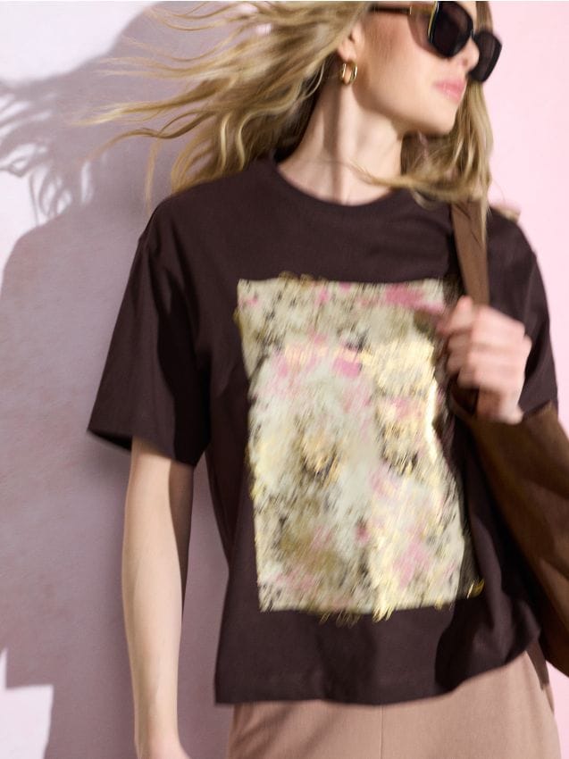 Sinsay - Tricou din bumbac cu imprimeu - maro