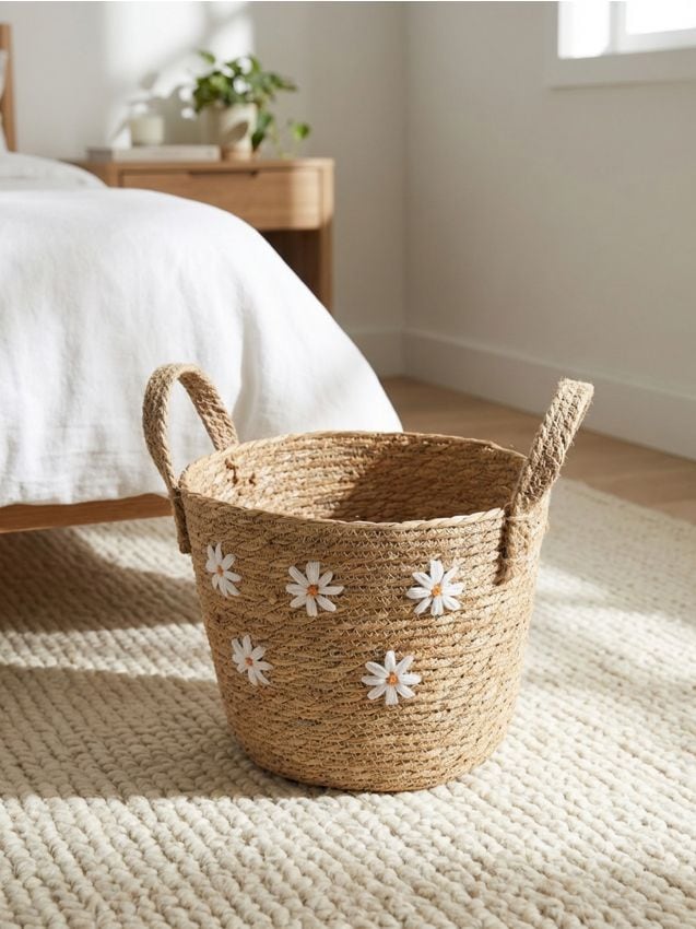 Sinsay - Coș de depozitare împletit cu motiv de margarete - crem
