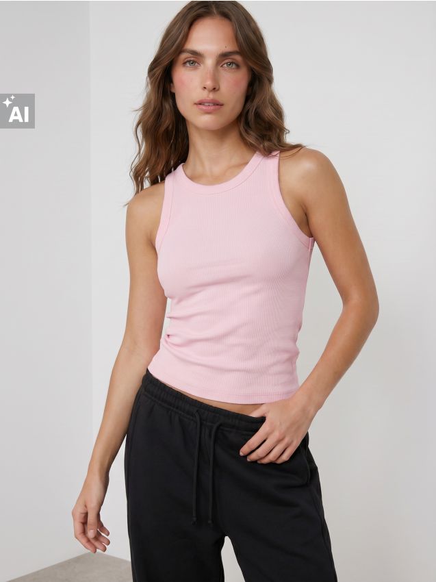 Sinsay - Top din bumbac cu nervuri fără mâneci cu decolteu rotund - roz-pastel