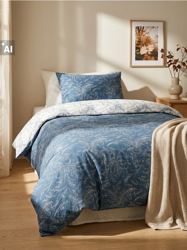 Sinsay - Set de lenjerie de pat reversibilă din bumbac cu motiv vegetal - albastru