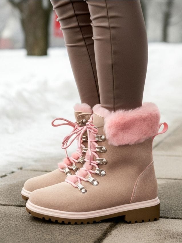 Sinsay - Členkové topánky s kožušinkou a trblietavým zakončením - pastelová ružová