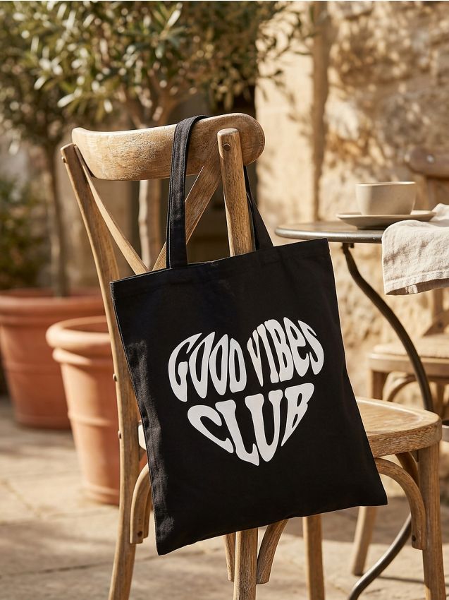 Sinsay - Geantă din stofă cu imprimeu - negru