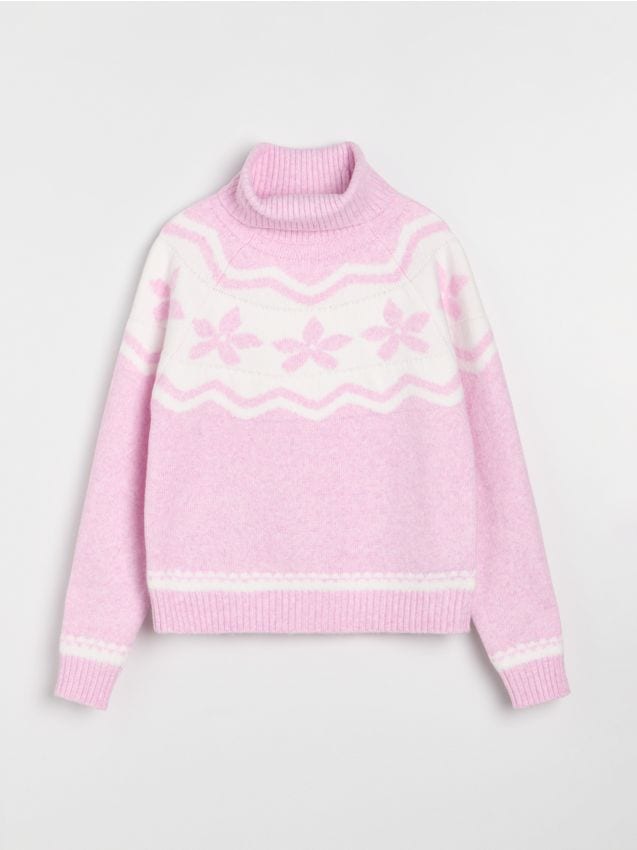 Sinsay - Pulover chunky jacquard cu model geometric - roz