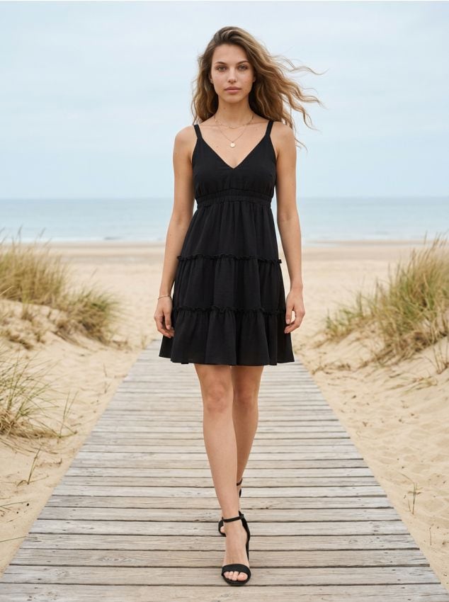 Sinsay - Rochie mini cu efect în trepte cu vâscoză - negru