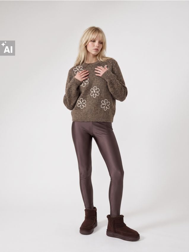 Sinsay - Pulover oversize cu motiv floral - maro