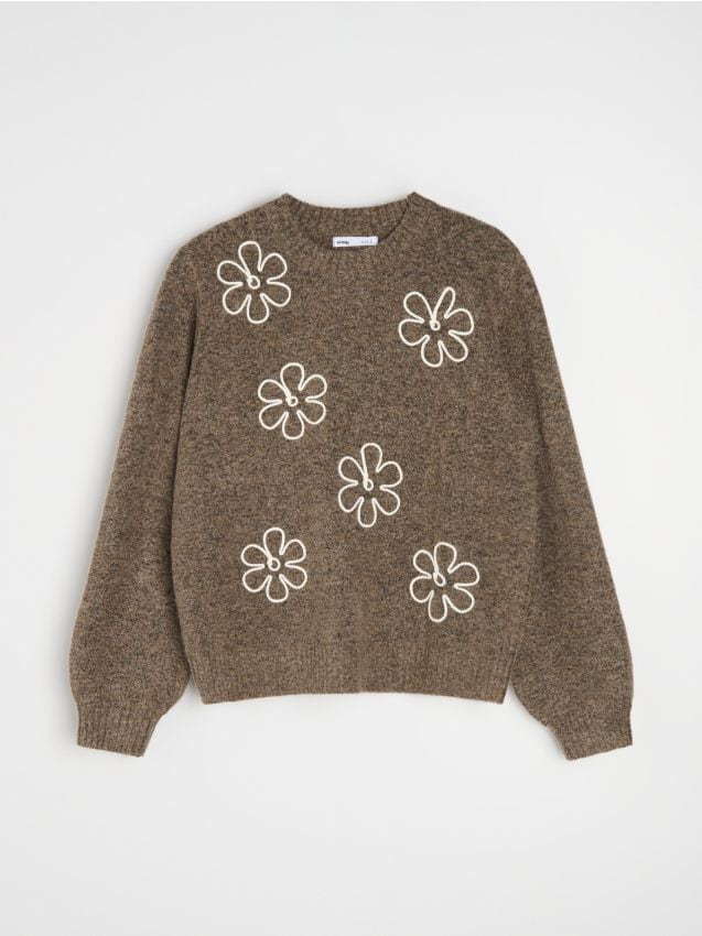 Sinsay - Pulover oversize cu motiv floral - maro