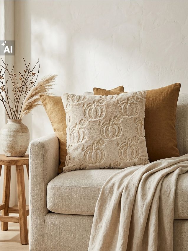 Sinsay - Față de pernă decorativă cu motiv de dovleac și finisaj din catifea - crem