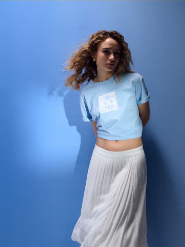 Sinsay - Tricou din bumbac cu imprimeu pe spate - albastru-pal