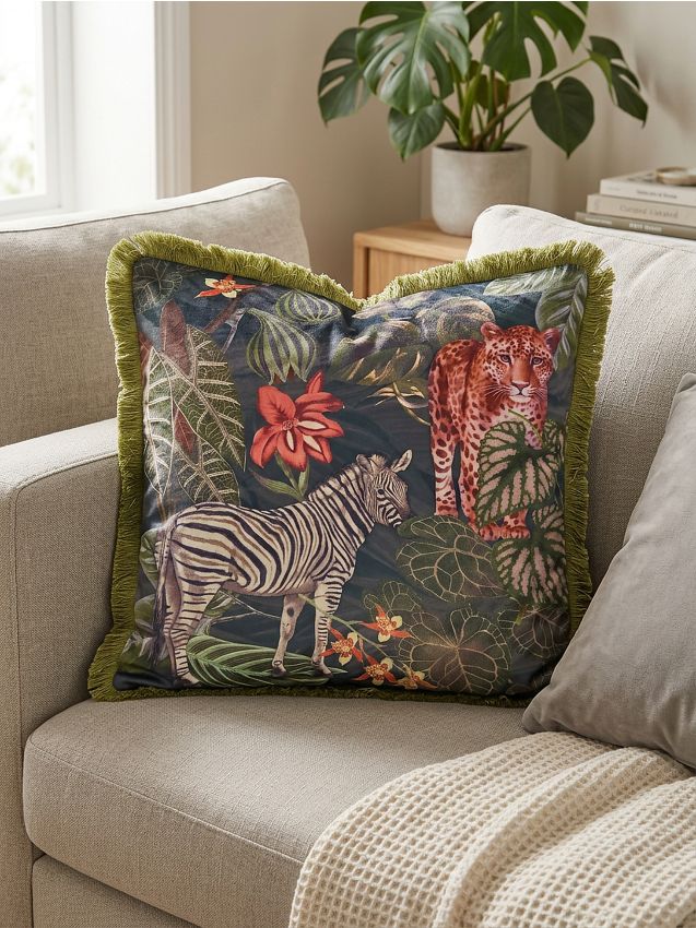Federa decorativa con frange con motivo tropicale - verde