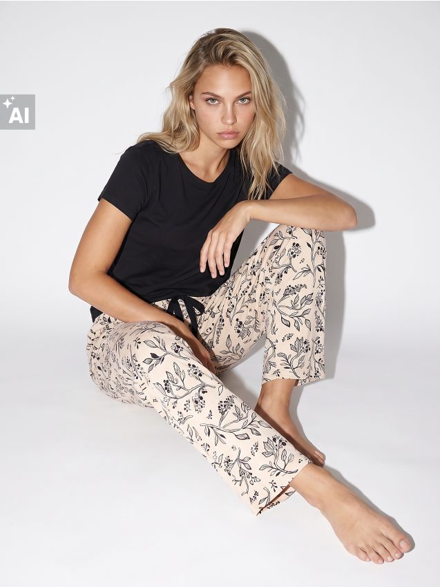 Sinsay - Pijama din bumbac din două piese cu motiv vegetal - negru