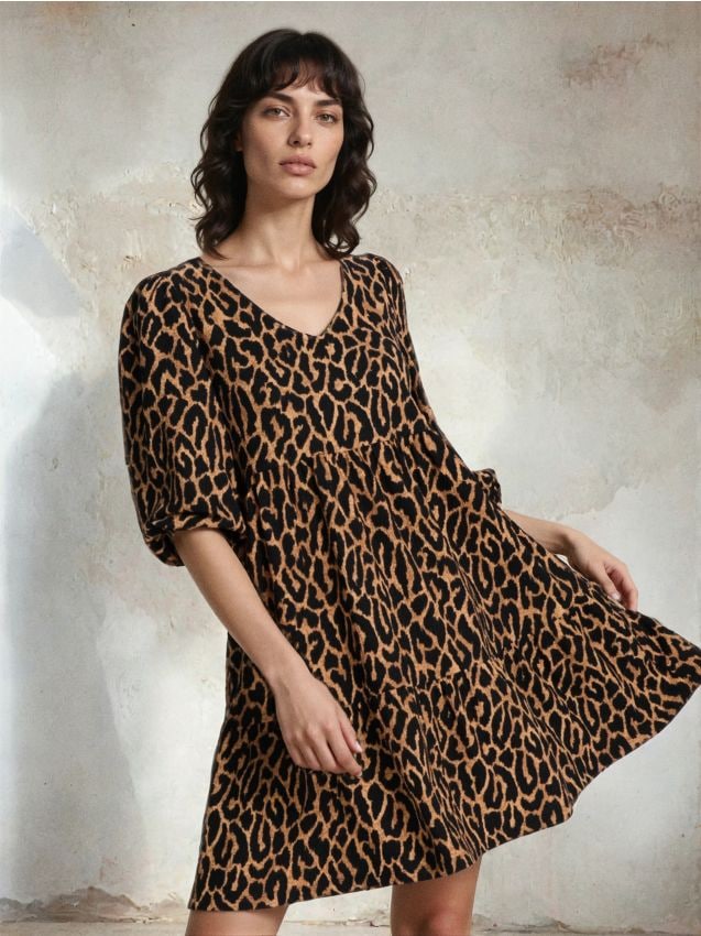 Sinsay - Rochie mini babydoll cu imprimeu leopard - maro