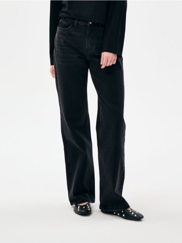 Sinsay - Džínsy so širokými nohavicami a vysokým pásom - čierna