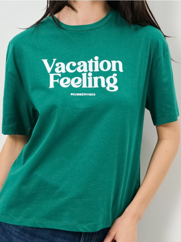 Sinsay - Tricou din bumbac cu inscripție - turcoaz-închis