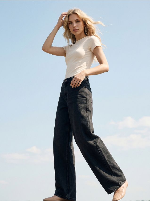 Sinsay - Jeansy wide leg z efektem sprania - czarny