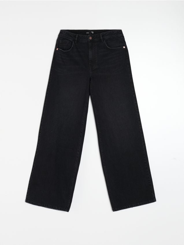 Sinsay - Jeansy wide leg z efektem sprania - czarny